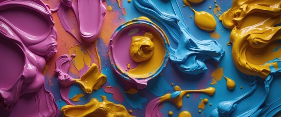 Poster - Vibrant array of thick, fresh paint in shades of pink, blue, and yellow splattered on a colorful background for artistic themes.