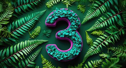 Poster - Vibrant number three shaped arrangement on lush green fern leaves creating a natural and artistic flat lay composition for design projects.