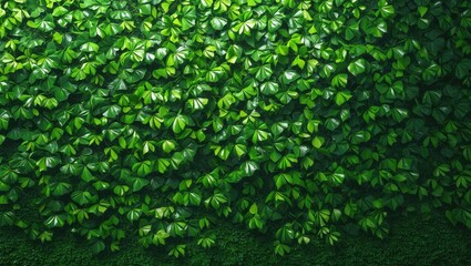 Poster - Lush green leaves background showcasing a textured grass wall with vibrant foliage for nature and environmental themes.
