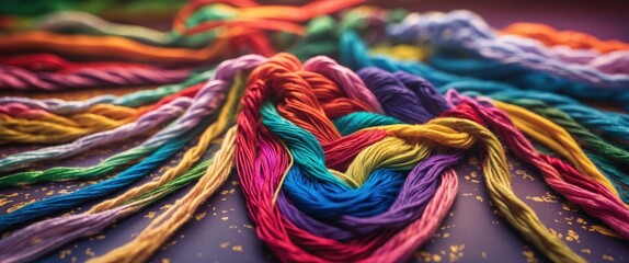 Poster - Vibrant multicolored threads intricately woven together creating an artistic texture against a softly lit background