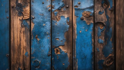 Poster - Weathered blue wooden backdrop with distressed textures and visible nailheads for rustic and vintage design projects.