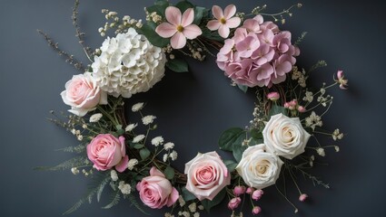 Poster - Elegant Pink and White Floral Wreath Featuring Hydrangea and Roses on Dark Background with Space for Text or Personalization