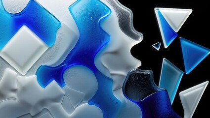 Fototapete - Abstract glass art featuring blue and white frosted geometric shapes against a black background, showcasing creativity and modern design.