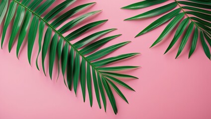 Poster - Tropical Green Palm Leaves on Pink Background Flat Lay Composing Natural Elements with Copy Space for Text and Creative Designs
