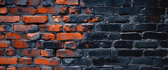 Poster - Weathered brick wall with blackened surface showcasing texture and color variation ideal for background or wallpaper designs.
