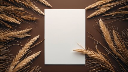 Poster - Blank paper surrounded by dried grass on a dark brown background ideal for card mockups, invitations, and creative designs.
