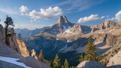 Poster - Scenic Mountain Landscape Under Blue Sky with Clouds and Pine Trees in National Park Nature Setting