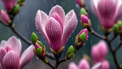 Poster - Pink magnolia buds in close-up with raindrops glistening on delicate petals creating a serene and fresh natural atmosphere.