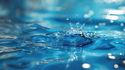 Poster - Rippling blue water surface with splashes and reflections creating a serene and textured background ideal for various design projects.