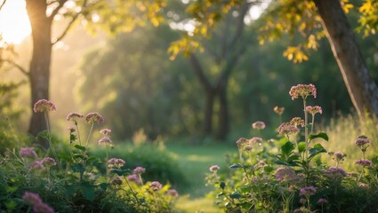 Poster - Tranquil forest path with blooming flowers illuminated by soft sunlight in a serene natural setting.