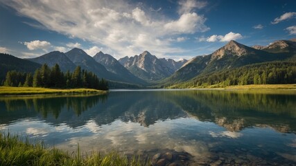 Poster - Tranquil Summer Mountain Landscape Reflecting in Serene Lake Surrounded by Lush Forest and Scenic Peaks Under a Blue Sky