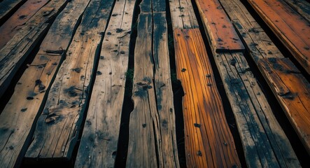 Poster - Weathered teak decking planks displaying rustic charm with varied textures and colors enhancing outdoor aesthetic and design appeal.