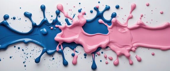 Poster - Vibrant blue and pink paint splashes elegantly merging on a white background creating a dynamic artistic texture and color explosion.