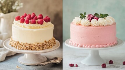 Aufkleber - Two beautifully decorated cakes with raspberry toppings on display for a dessert occasion at a stylish setting. Generative AI
