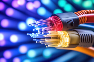 Poster - Colorful fiber optic cables illuminated against a vibrant background at night
