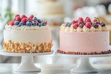 Aufkleber - Delicious selection of berry topped cakes displayed in a bright, elegant bakery setting at midday. Generative AI