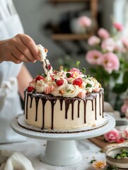 Poster - Delicious cake decoration activity with fresh strawberries and cream in a cozy kitchen setting. Generative AI