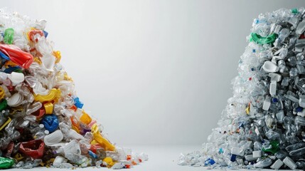 Aufkleber - Pile of plastic waste contrasts with neatly organized recycled plastic products in a stark visual representation of recycling efforts. Generative AI