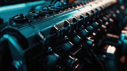 Close-up of an industrial engine component showcasing intricate details and reflections