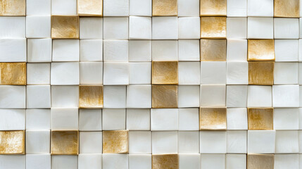 Poster - elegant wall texture with gold and white square panels for interior design