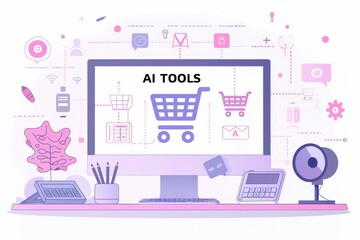 Poster - A computer screen shows a shopping cart with the text AI TOOLS. Surrounding it are various AI icons gears and tech tools creating a vibrant futuristic workspace.