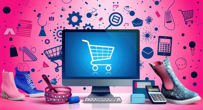 A desktop computer displays a shopping cart icon labeled AI TOOLS surrounded by various AI symbols gears and colorful gadgets.