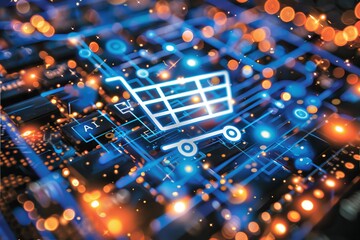 Poster - A sleek computer monitor displays a glowing shopping cart icon and AI Tools surrounded by gears charts and neural networks in a vibrant digital landscape filled with innovation.