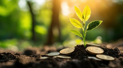 Wall Mural - Sustainable finance and investment concept with a plant sprouting from savings coins. 