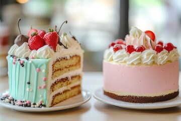 Poster - Colorful cakes with icing and toppings displayed on a table in a bakery during a sunny afternoon. Generative AI
