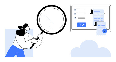 Woman with magnifying glass reviewing payment details displayed on a digital screen with a receipt and pay button. Ideal for online transactions, finance, e-commerce, digital analysis, financial