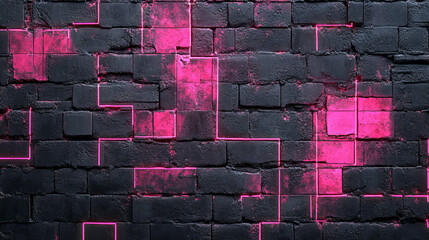 Poster - Abstract urban texture with weathered dark brick and pink neon geometric design