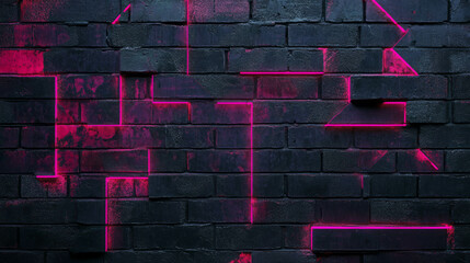 Poster - weathered dark brick wall with pink neon geometric patterns for urban design