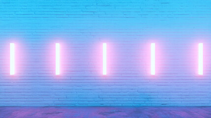 Poster - Modern interior design with blue neon lights on white brick wall