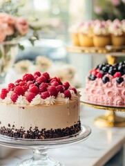 Poster - Delicious dessert display with raspberry topped cake and assorted cupcakes in a brightly lit pastry shop. Generative AI