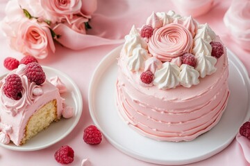 Aufkleber - Raspberry cake decorated with cream and roses on a pink table setting for a celebration event or gathering. Generative AI