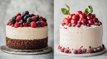 Poster - Two beautifully decorated cakes with vibrant fruit toppings showcased on a neutral background with soft lighting. Generative AI
