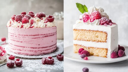 Poster - Delicious raspberry cakes with whipped cream and fresh fruit in a modern kitchen setting. Generative AI