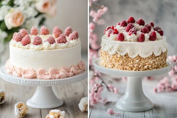 Poster - Beautifully decorated raspberry cakes arranged on elegant cake stands in a bright kitchen setting with floral accents. Generative AI