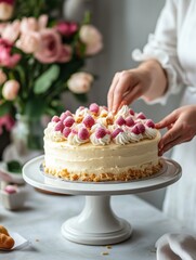 Poster - Baker decorates a delicious raspberry cream cake in a bright kitchen filled with floral arrangements. Generative AI
