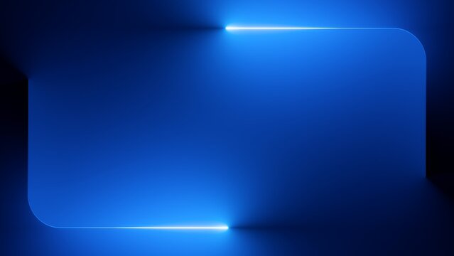 Abstract minimalist blue background. Linear neon frame with rounded corners. Bright light leaves glowing trail. 3d rendering