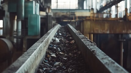 Poster - Conveyor belt transporting sorted waste in a recycling plant showcasing industrial efficiency and sustainability efforts. Generative AI