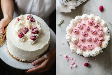 Poster - Decadent dessert display featuring raspberry cakes in a cozy kitchen setting during afternoon tea. Generative AI