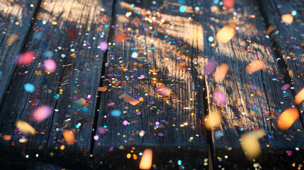 Poster - Vibrant confetti on sunlit wooden surface for celebration and party themes