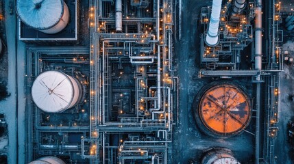 Poster - Aerial view of an oil processing plant with pipelines, smokestacks, and industrial structures