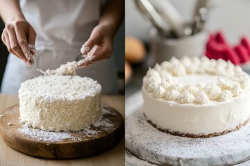 Aufkleber - Baker skillfully decorating a cake with cream frosting in a well lit kitchen setting. Generative AI