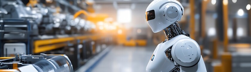 Poster - A futuristic robot standing in a modern factory, showcasing advancements in automation and artificial intelligence, emphasizing the synergy between machines and human innovation.