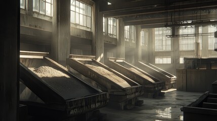 Poster - A series of vibrating screens sorting crushed mineral ores by size in a factory