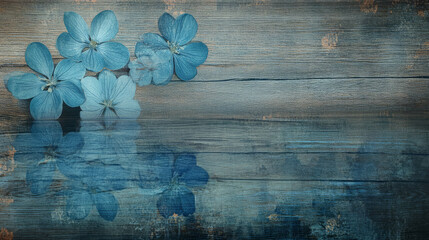 Poster - Light blue flowers reflection on wooden texture surface for natural design inspirations