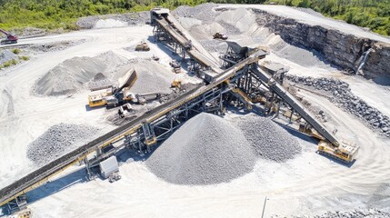 Poster - A series of vibrating screens sorting crushed mineral ores by size in a factory