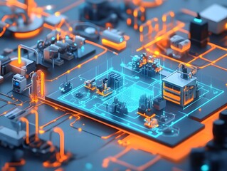 Poster - A vibrant, futuristic depiction of a circuit board showcasing intricate connections, machinery, and glowing elements, embodying innovation and advanced technology in industry.